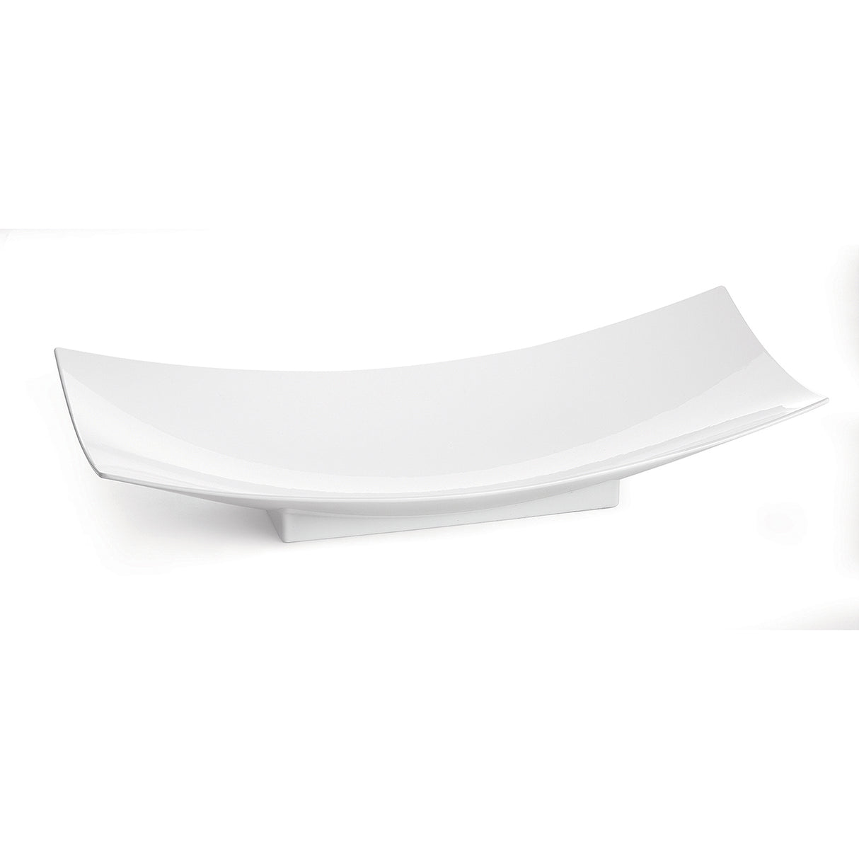 A modern, rectangular Duracoat coated cast aluminum plate with upturned, gently curved edges rests on a small rectangular base against a plain white background. The minimalist design is sleek and ideal for elegant food presentation.