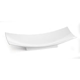 A modern, glossy white rectangular plate with slightly upturned, curved edges and a raised rectangular base, crafted from cast aluminum for added durability. The plate has a sleek and minimalist design, set against a plain white background.