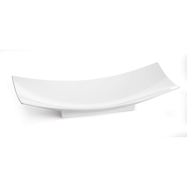 A glossy white, rectangular ceramic serving platter with gently upturned sides and a subtle pedestal base, photographed on a plain white background. This modern piece pairs beautifully with the Sierra Collection fruit bowl for a cohesive minimalist look.
