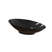 A glossy, shallow, black Sierra Collection Bowl with a wide rim and smooth surface is positioned at an angle on a short circular base. This Duracoat coated cast aluminum cold holding bowl is displayed against a plain white background.