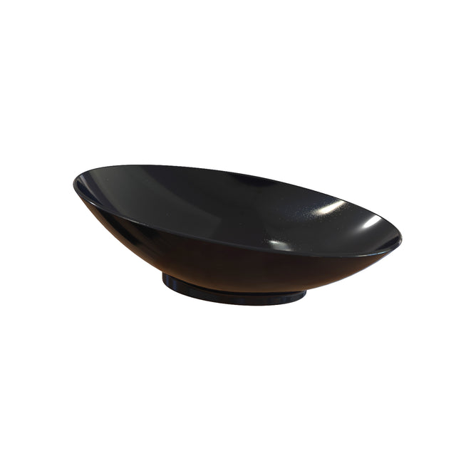 A glossy, shallow, black Sierra Collection Bowl with a wide rim and smooth surface is positioned at an angle on a short circular base. This Duracoat coated cast aluminum cold holding bowl is displayed against a plain white background.