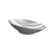 A shallow, oval-shaped, gray sand cast aluminum bowl with smooth, slightly curved sides and a small, round base sits on a plain white background. The dish has a glossy finish, reflecting light across its surface.