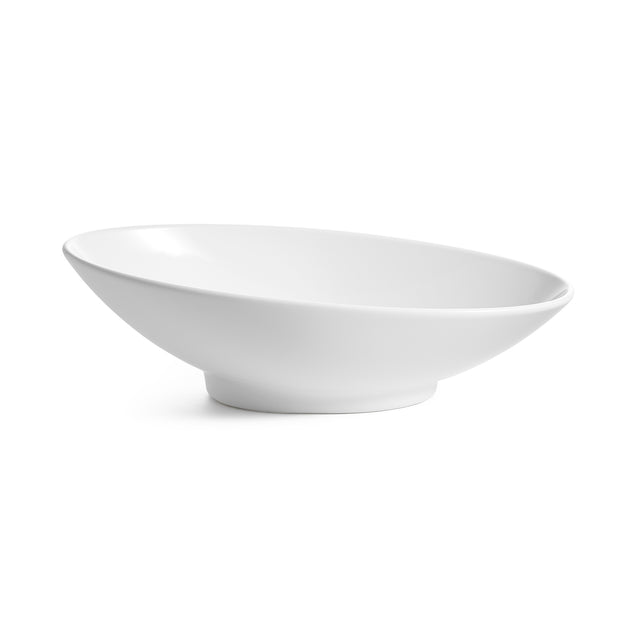A white, shallow Sierra Collection Bowl with a smooth surface and asymmetrical design. This cold holding bowl features a wide opening, rests on a small circular base, and is photographed on a plain white background.