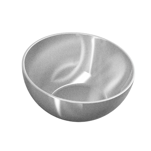 A shiny Sierra Collection Bowl, crafted from sand cast aluminum, features a smooth, rounded interior and thin edges. Reflecting soft highlights and shadows, this cold holding bowl stands out against a plain white background.