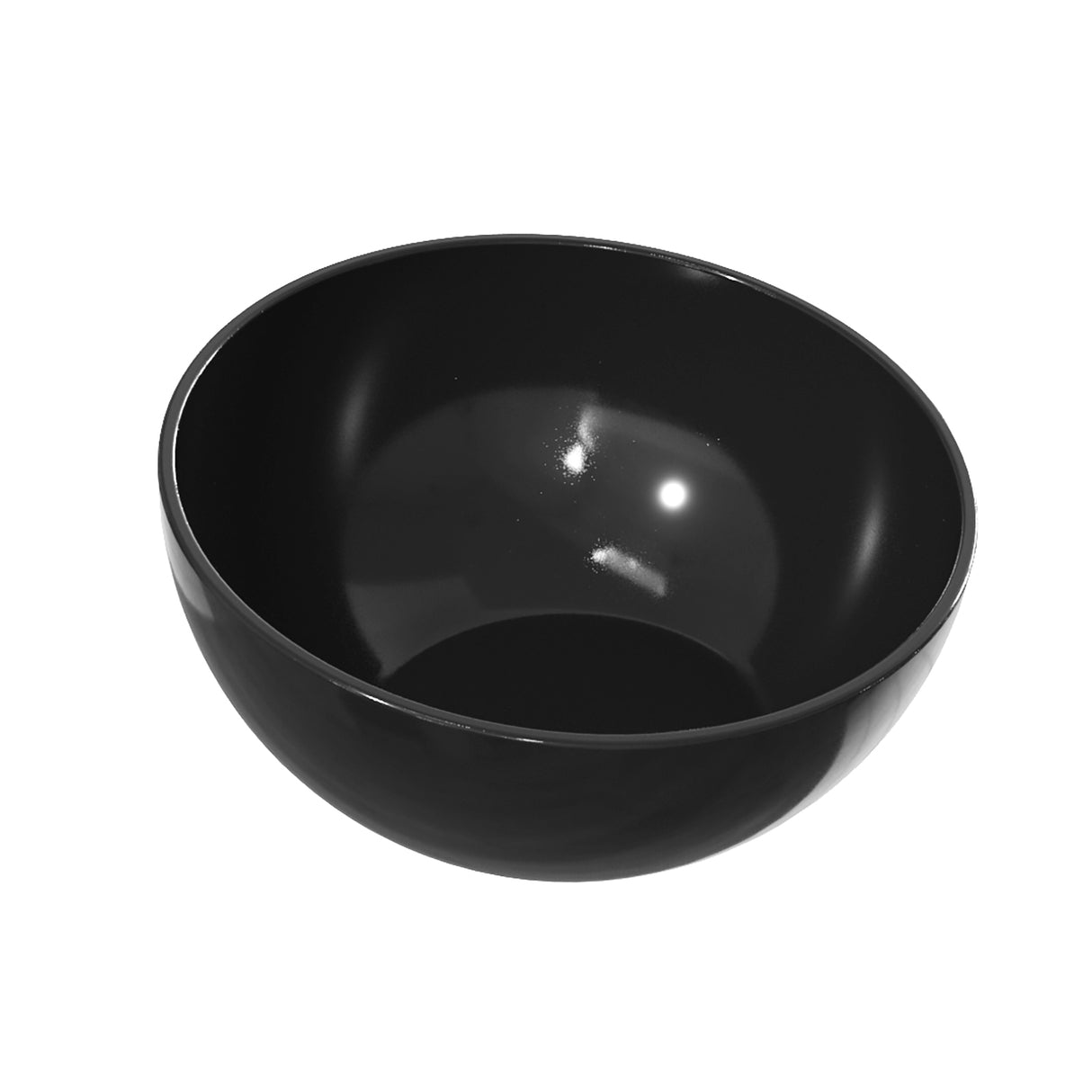 A shiny, empty black Cast Aluminum Bowl from the Sierra Collection is shown on a plain white background. The bowl features gently curved sides, an open top, and a smooth, glossy finish that reflects light on its inner surface.