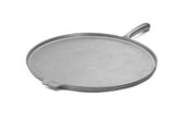 A flat, round, gray cast iron griddle with a small handle on one side and a shorter lip on the opposite edge, placed on a white background. The smooth surface and slightly raised edges also make it ideal as a pizza pan.