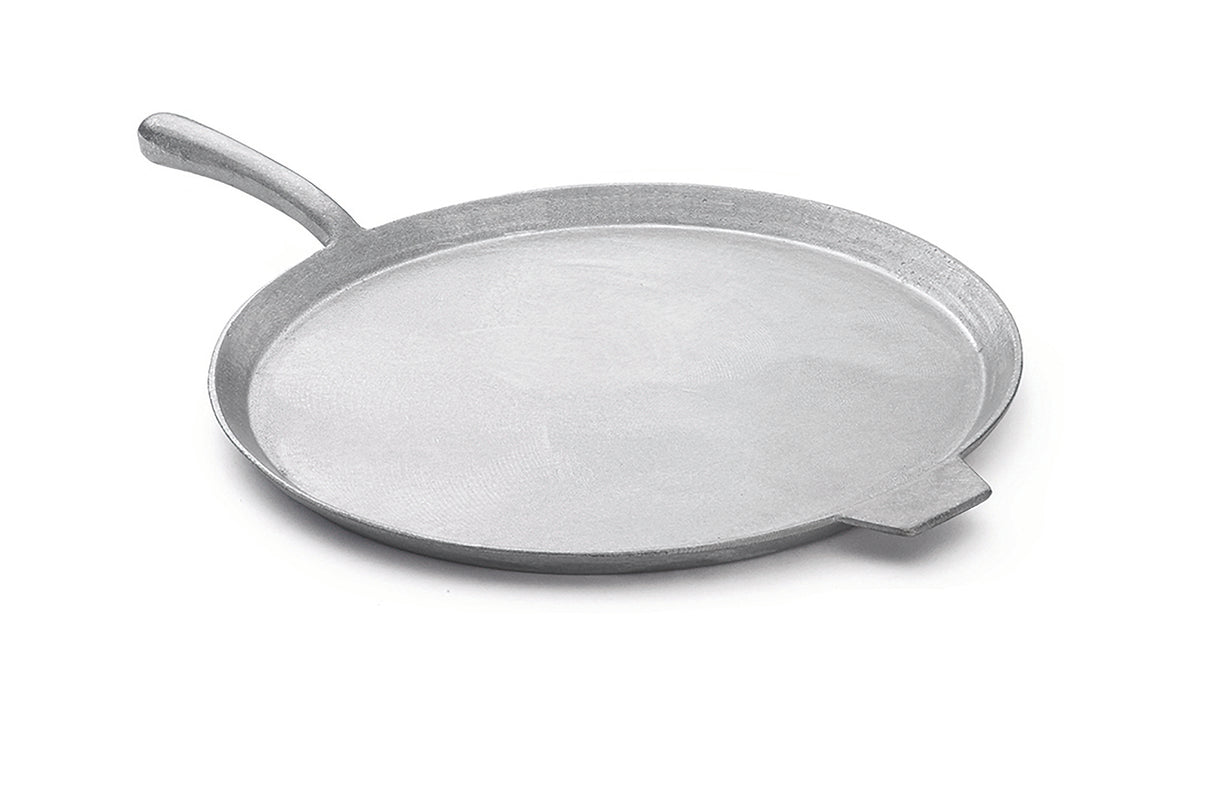 A round, flat, silver-colored cast aluminum pizza pan with a short, angled handle on one side and a small lip on the opposite edge, shown on a white background. The pan features a smooth surface and is dishwasher safe for easy cleanup.