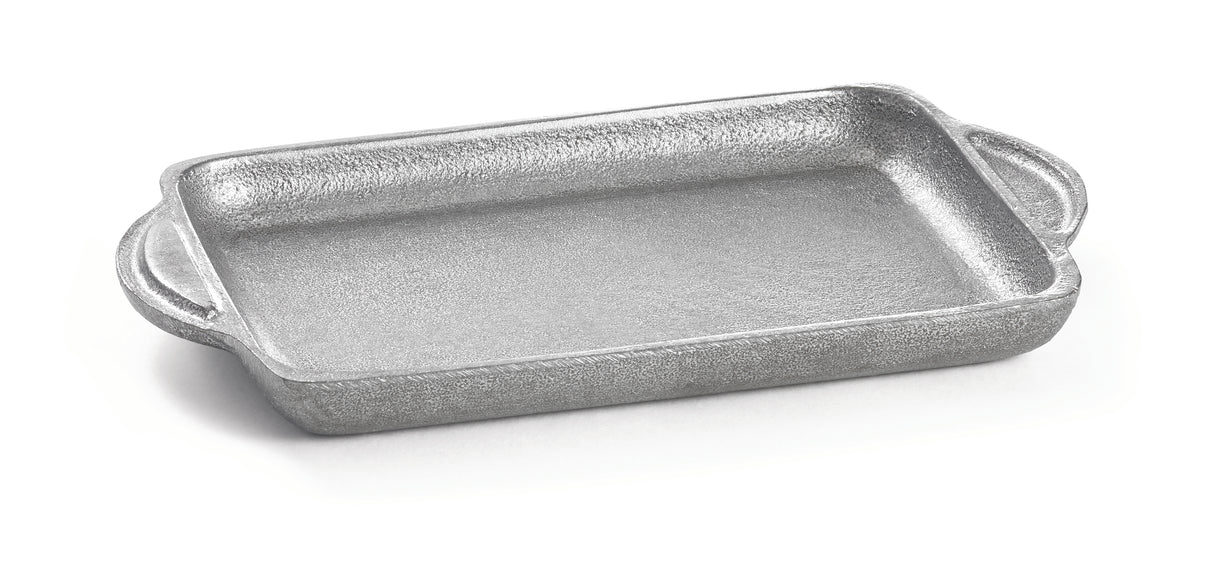 A rectangular, textured, cast aluminum baking dish with raised sides and two rounded handles on each short end. The charbroiler tray is empty and positioned on a plain white background.