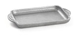 A rectangular, textured, cast aluminum baking dish with raised sides and two rounded handles on each short end. The charbroiler tray is empty and positioned on a plain white background.