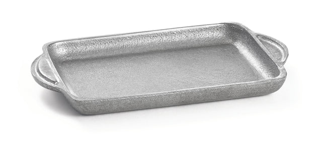 A rectangular, textured, cast aluminum baking dish with raised sides and two rounded handles on each short end. The charbroiler tray is empty and positioned on a plain white background.
