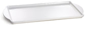 A large, glossy white rectangular Display Tray with slightly raised edges and small curved handles on each end. Ideal for cold holding, the tray is empty and photographed on a plain white background.