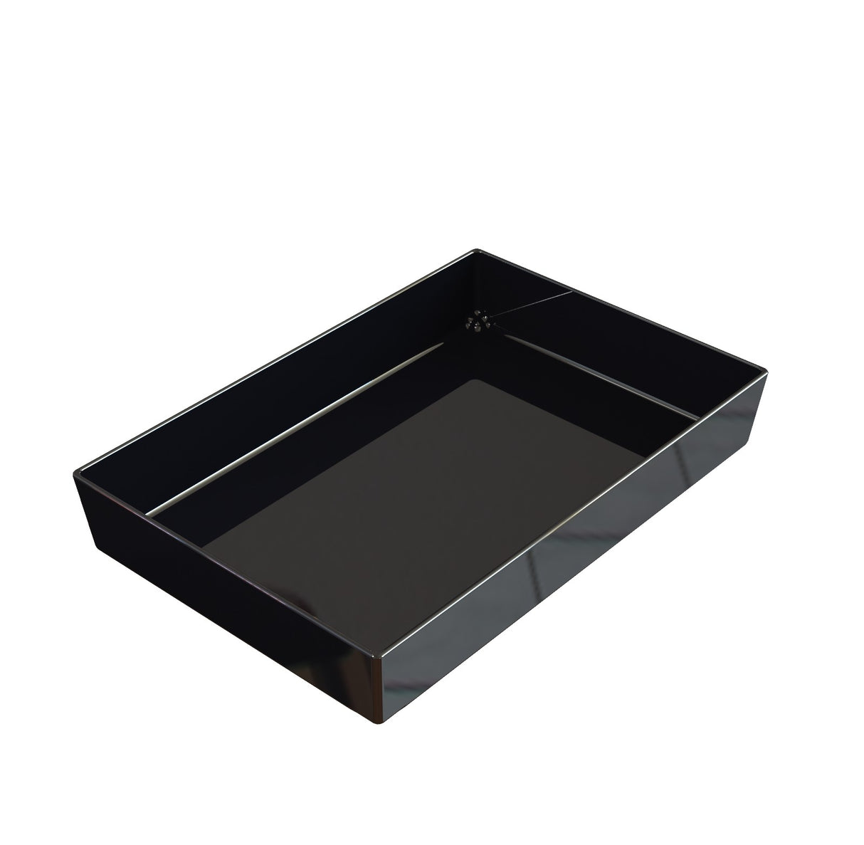 A rectangular, glossy black Duracoat cast aluminum tray with straight sides and a flat base. Photographed on a white background at a slight angle, it highlights the depth and reflective surface of this cold holding bowl.
