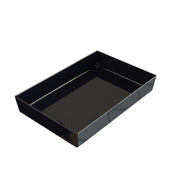 A rectangular, glossy black Duracoat cast aluminum tray with straight sides and a flat base. Photographed on a white background at a slight angle, it highlights the depth and reflective surface of this cold holding bowl.