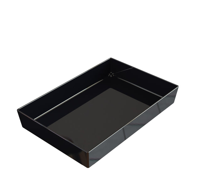 A rectangular, glossy black Duracoat cast aluminum tray with straight sides and a flat base. Photographed on a white background at a slight angle, it highlights the depth and reflective surface of this cold holding bowl.