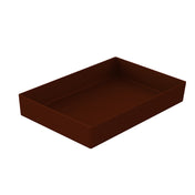 A rectangular, shallow Duracoat coated cast aluminum tray with high sides, shown in a solid dark brown color. The tray is positioned at an angle on a white background, with the interior and two side edges visible.