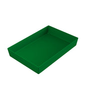 A green rectangular plastic tray with slightly raised sides is shown on a white background. The tray is empty and viewed at an angle, revealing its depth and Simple Solutions Bowl-inspired smooth, simple design.