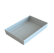 A rectangular, shallow, light gray plastic tray with smooth edges and corners, shown on a plain white background. This Simple Solutions Bowl features straight sides and a flat bottom, ideal as a cold holding bowl for serving or prepping foods.