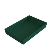 A rectangular, deep green Simple Solutions Bowl with straight sides and no handles, placed on a white background and viewed from an angle that shows the interior and two sides.
