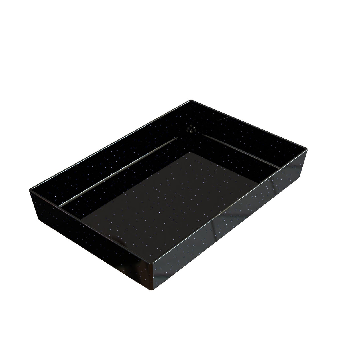 A rectangular, glossy black tray with straight sides and a flat bottom, Duracoat coated cast aluminum, features a subtle pattern of small white dots like stars scattered across its surfaces. The tray is empty and placed against a white background.