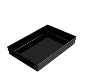 A rectangular, glossy black tray with straight sides and a flat bottom, Duracoat coated cast aluminum, features a subtle pattern of small white dots like stars scattered across its surfaces. The tray is empty and placed against a white background.