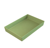 A rectangular, light green Simple Solutions Bowl with straight sides and a smooth, flat bottom. The tray is empty and photographed against a plain white background, shown from an angled perspective. Ideal as a cold holding bowl for serving needs.