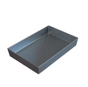 A rectangular, deep, metallic baking pan with straight sides and a smooth, dark finish resembles a cast aluminum bowl. The pan is empty and photographed against a plain white background, angled to show both the inner and outer surfaces.