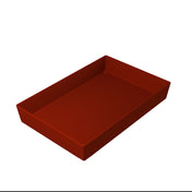 A rectangular, deep, reddish-brown Simple Solutions Bowl with slightly angled sides is shown on a white background. This cold holding bowl is empty and viewed from above, highlighting its depth, Duracoat coated cast aluminum, and simple design.