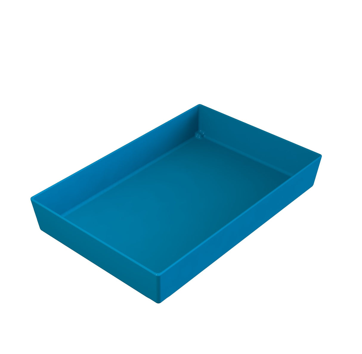 A rectangular, bright blue Simple Solutions Bowl with high sides; photographed on a white background and angled to show the interior, base, and two sides. The tray appears empty and has a smooth, solid surface.