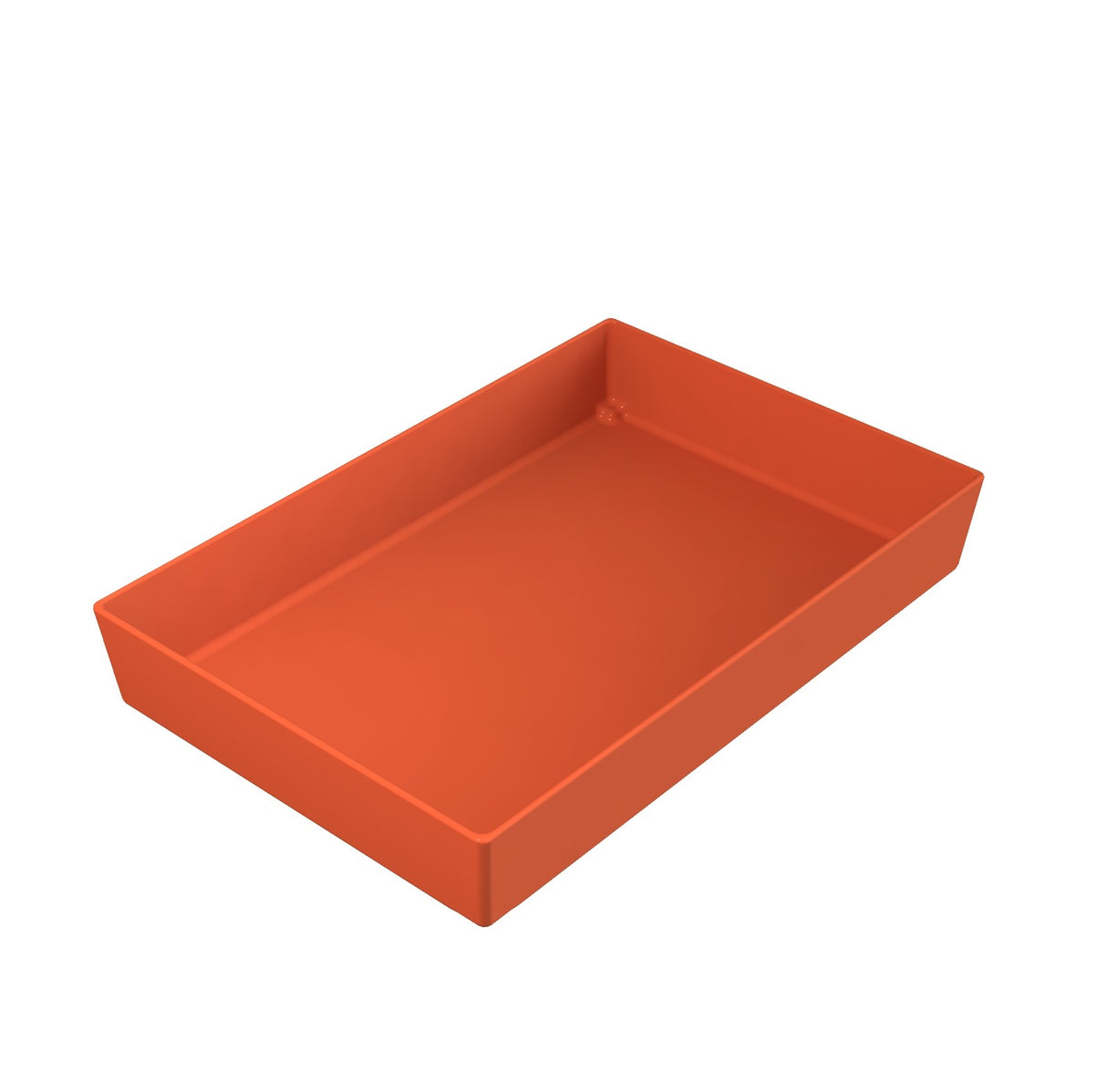 A rectangular, orange plastic tray with slightly raised sides, shown on a white background. The tray is empty and angled so both the interior and one short side are visible—ideal for pairing with a dishwasher safe bowl.