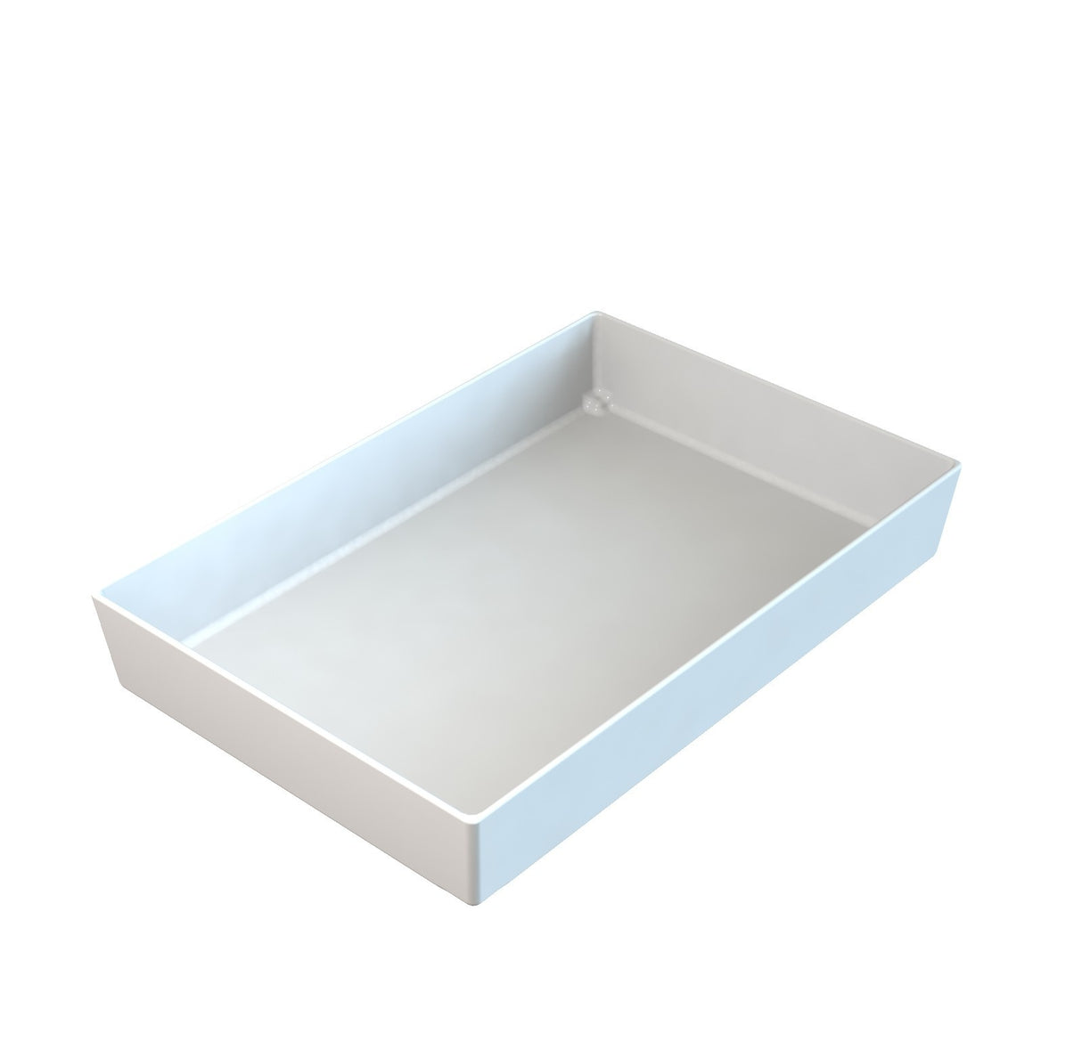 A rectangular, white, shallow plastic tray with smooth sides and no handles, shown on a white background, serves as a practical cold holding bowl and is photographed from a slightly elevated angle.