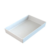 A rectangular, white, shallow plastic tray with smooth sides and no handles, shown on a white background, serves as a practical cold holding bowl and is photographed from a slightly elevated angle.