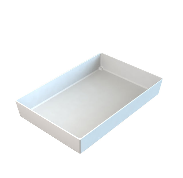 A rectangular, white, shallow plastic tray with smooth sides and no handles, shown on a white background, serves as a practical cold holding bowl and is photographed from a slightly elevated angle.