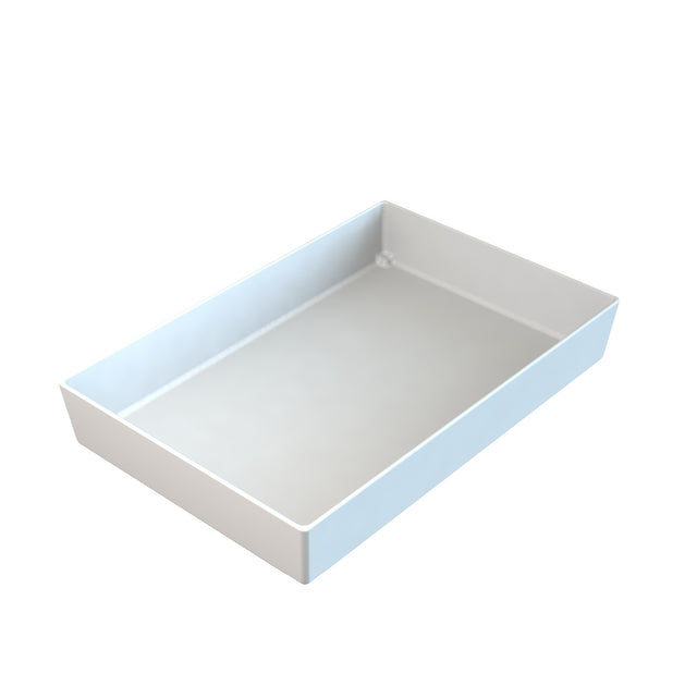A plain, rectangular, white plastic tray with slightly raised sides, shown on a white background and angled so both the interior and two edges are visible. The tray is empty, has smooth, clean surfaces, and is dishwasher safe for easy cleaning.