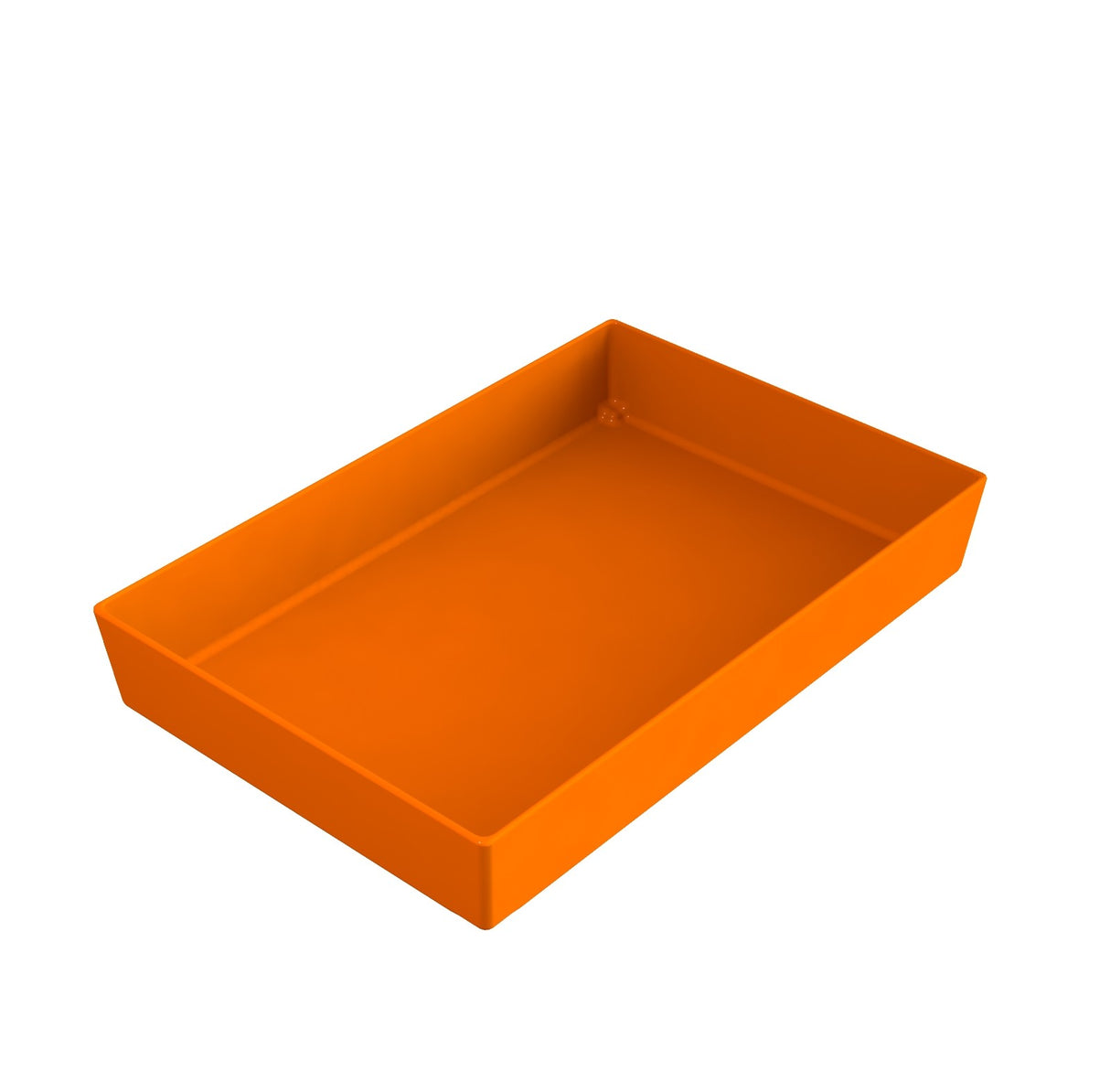 A rectangular, shallow orange Simple Solutions Bowl made of Duracoat coated cast aluminum with straight sides and a smooth surface, viewed from an angle above, on a white background. NSF certified for added quality.