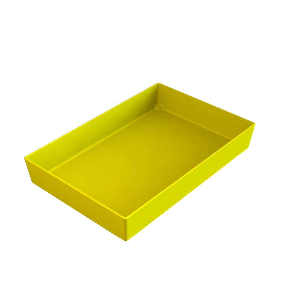 A rectangular, open-top, yellow plastic tray is shown angled on a white background. The tray has smooth sides and sharp corners, with no visible handles or patterns. This tray is also dishwasher safe for easy cleaning.