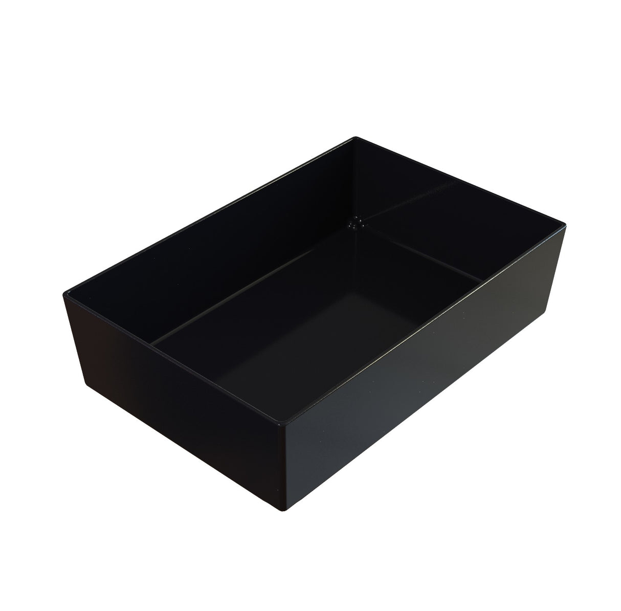 A plain, rectangular black box with straight sides and an open top resembles a Simple Solutions Bowl, featuring smooth Duracoat coated cast aluminum surfaces inside and out. There are no visible handles, lids, or decorative elements.