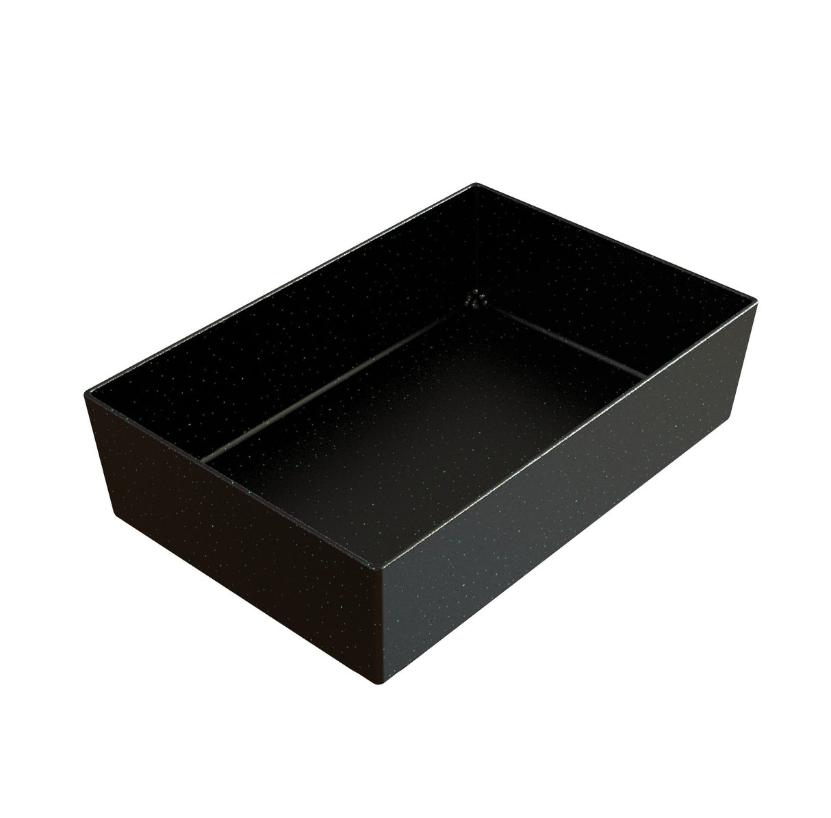 A black rectangular Duracoat coated cast aluminum baking pan with straight sides and a speckled pattern, shown angled from above on a white background. The pan appears empty and clean, ideal for baking, roasting, or cold holding various foods.