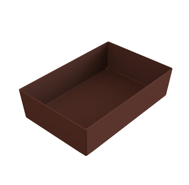 A rectangular, deep, brown cast aluminum bowl with straight sides and sharp corners, viewed from a top angle. The bowl appears empty and is set against a plain white background.