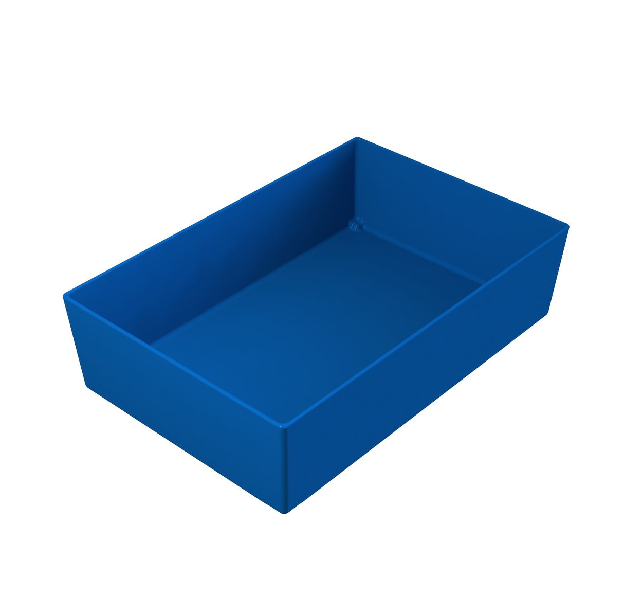 A rectangular, open-top, blue plastic storage bin is shown on a white background. With straight sides and sharp corners, it offers a smooth surface—an ideal Simple Solutions Bowl for organizing or storing items neatly.