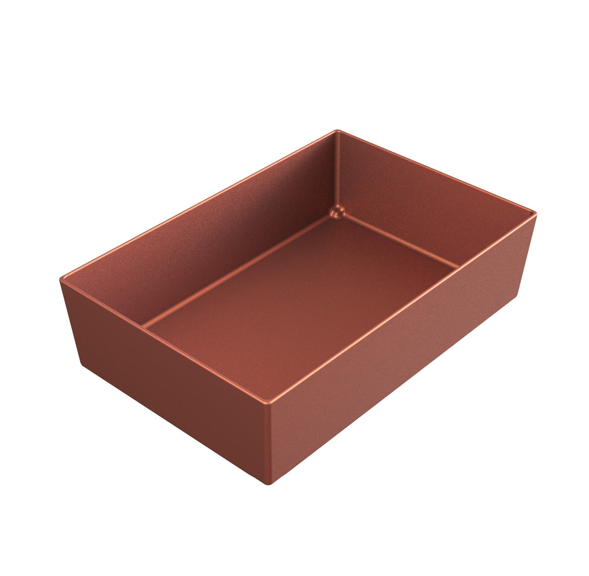 A rectangular, deep copper-colored metal baking pan is shown against a white background. With straight sides, sharp corners, and a smooth matte finish, it resembles a copper cast aluminum bowl and is ideal for baking or roasting.
