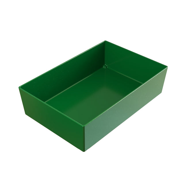 A rectangular, deep green plastic storage bin with straight sides and no handles, shown on a white background. This dishwasher safe bowl is empty and positioned at an angle, displaying both the inside and two outer sides.