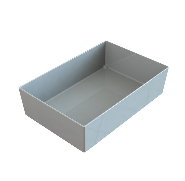 A rectangular, gray, plastic cold holding bowl with straight sides and no lid is shown on a white background. The NSF certified container is empty and viewed from a slight angle above, revealing its open interior and smooth surfaces.