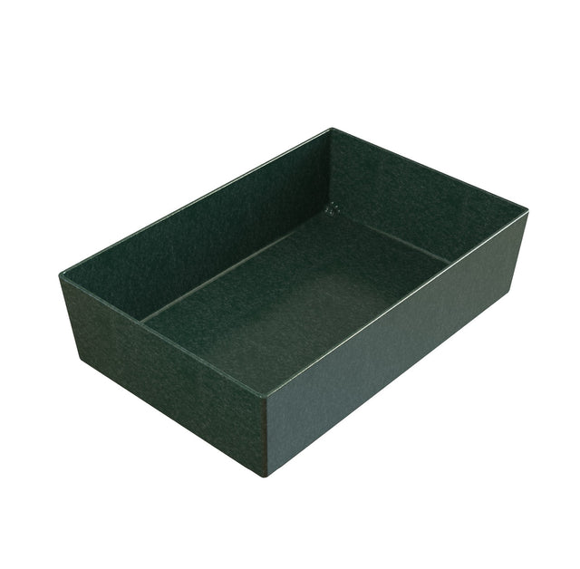 A dark green, rectangular, empty tray with straight sides and a smooth, matte Duracoat coated cast aluminum finish. The tray is shown from an angle, clearly displaying its depth and open top. The background is plain white.