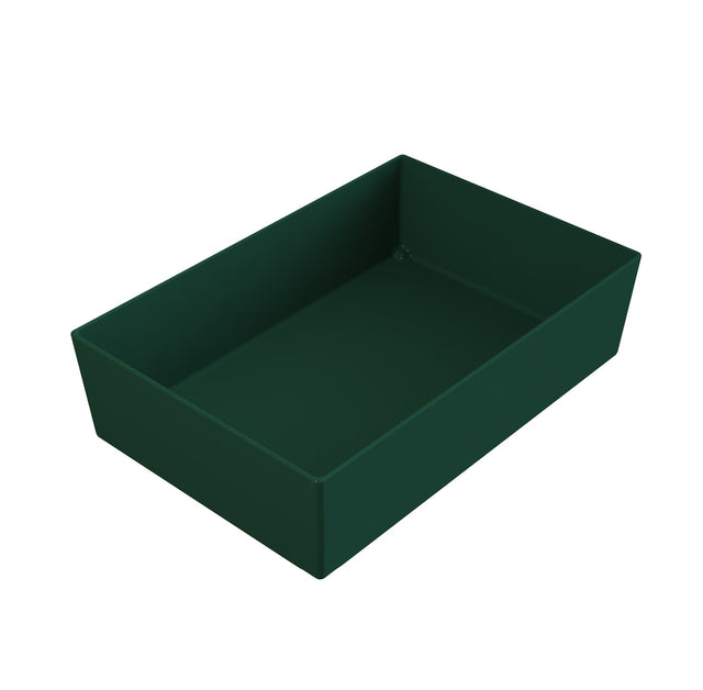A rectangular, deep green plastic tray with high straight sides and a flat bottom, ideal for use as a cold holding bowl. Photographed on a plain white background at an angle showing both the inside and sides of the tray.