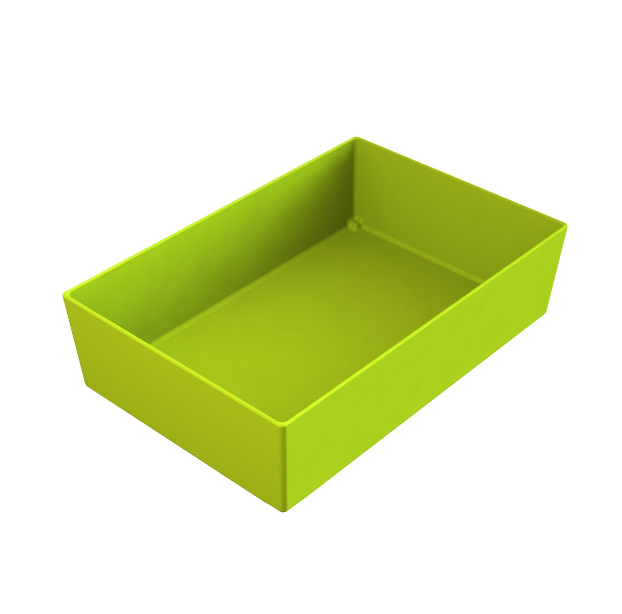 A rectangular, lime green plastic storage bin with straight sides and no lid, shown on a white background, angled so that both the interior and two sides are visible; this dishwasher safe bin offers easy cleanup for everyday use.