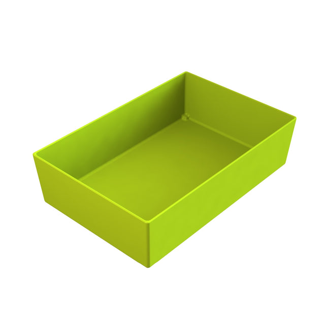 A rectangular, lime green plastic storage bin with straight sides and no lid, shown on a white background, angled so that both the interior and two sides are visible; this dishwasher safe bin offers easy cleanup for everyday use.