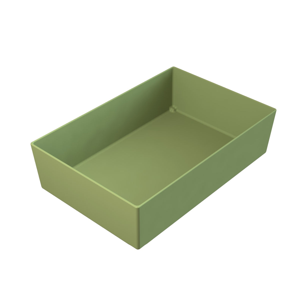 A rectangular, open-top cast aluminum bowl with straight sides and a smooth surface, shown in a solid light green color, positioned at an angle on a white background.