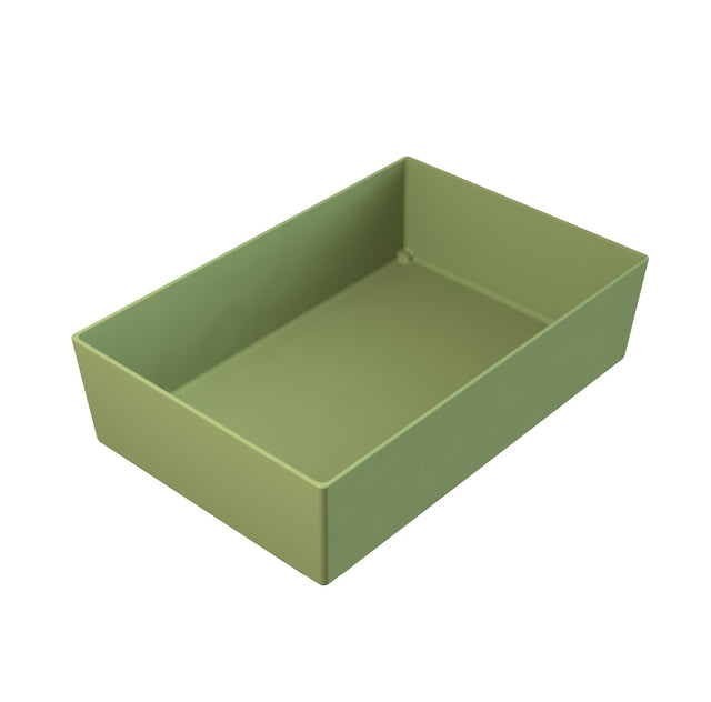 A rectangular, open-top cast aluminum bowl with straight sides and a smooth surface, shown in a solid light green color, positioned at an angle on a white background.