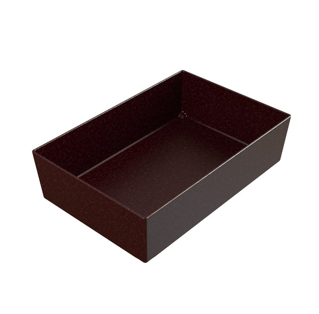 A rectangular, deep, dark brown baking pan with smooth sides and a flat base, shown empty against a white background. Crafted from Duracoat coated cast aluminum, it features a nonstick, slightly speckled finish for easy release.