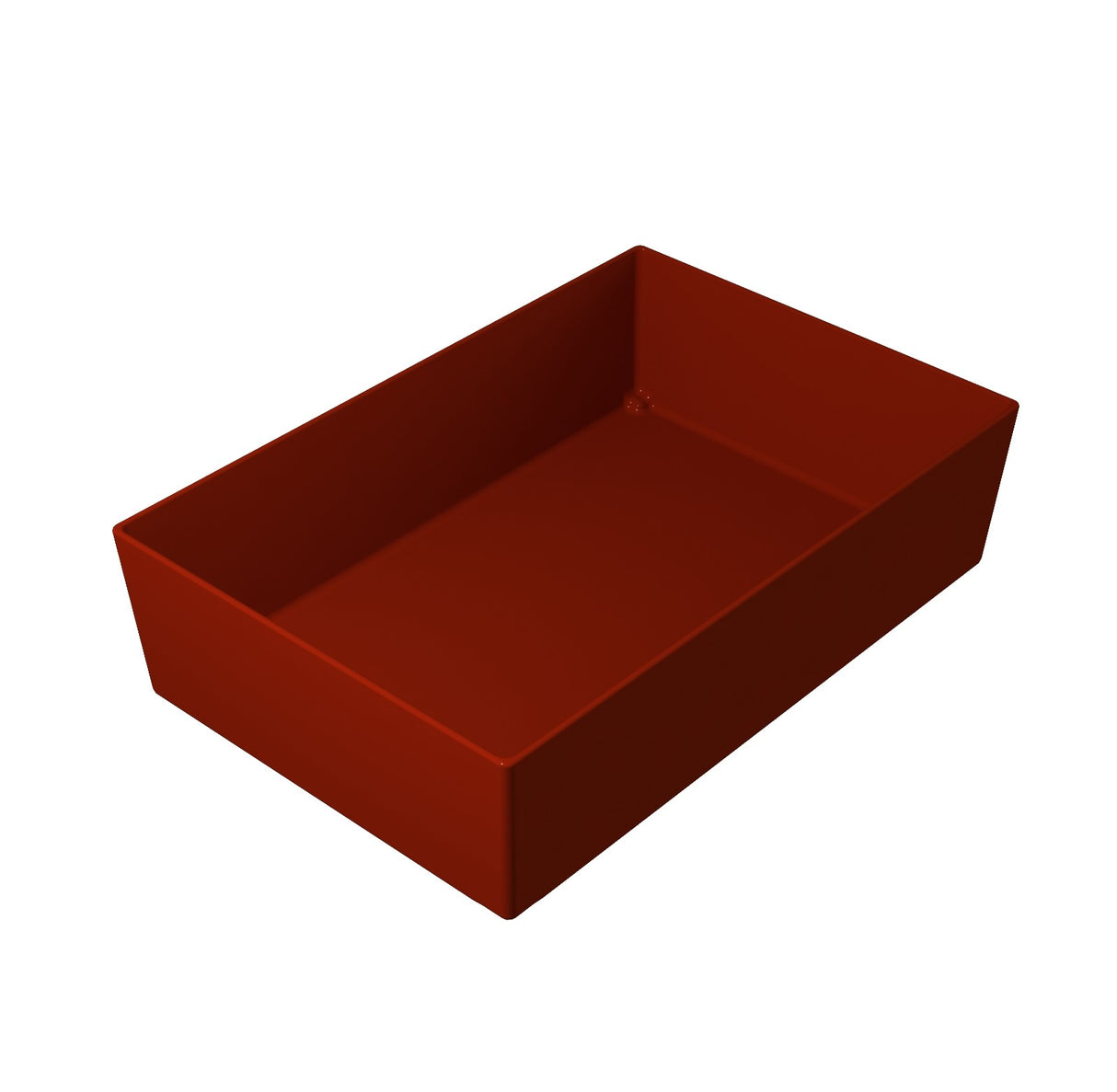 A deep, rectangular cast aluminum bowl with straight sides and no handles, rendered in a solid, matte reddish-brown color. The cold holding bowl is empty and sits against a plain white background, viewed from an overhead angle.